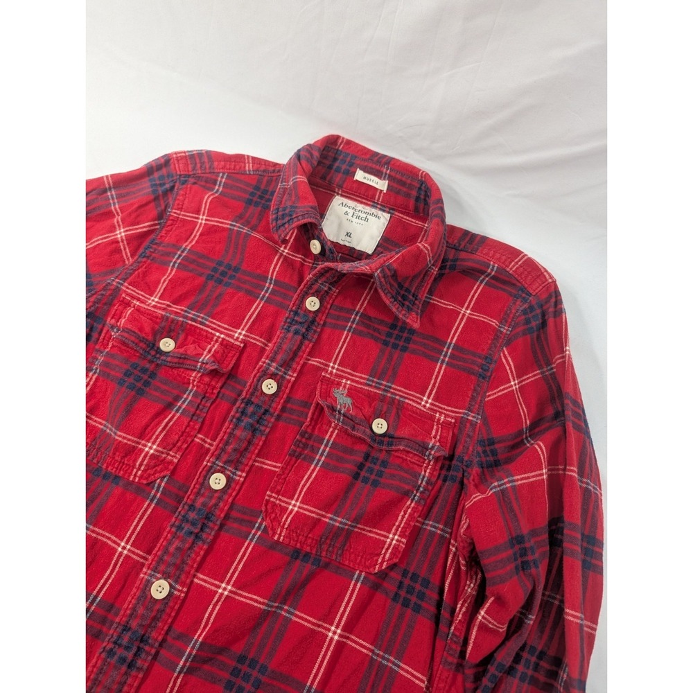 Abercrombie & Fitch Muscle Red Navy Plaid Flannel Button Down Shirt Men's XL